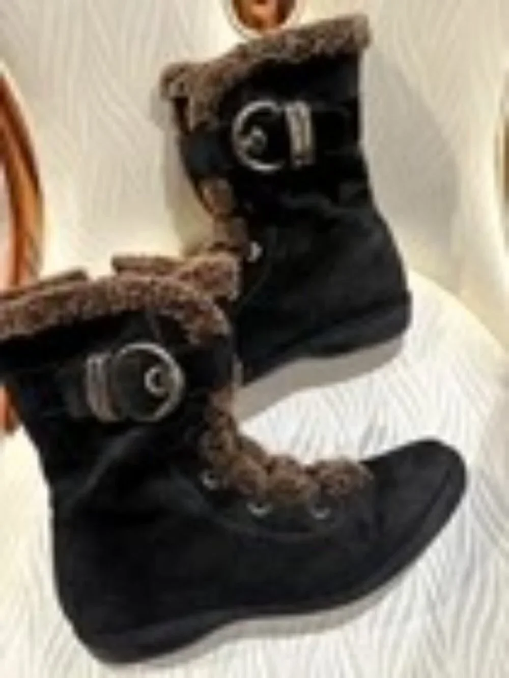 Stuart Weitzman Women Suede Leather Boots Fur Buckle Black Size 6.5
